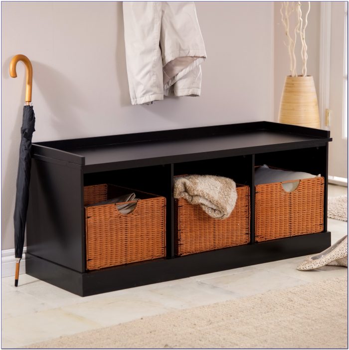 Entryway Bench With Wicker Baskets Entryway Bench With Wicker Baskets